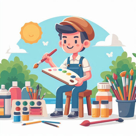 Artist cartoon character vector illustration. Boy painting with watercolor paints and brushes.のイラスト素材