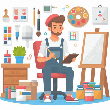 Painter with brush and palette in his studio. Vector flat illustrationのイラスト素材