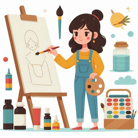 Artist woman painting a picture on easel. Vector illustration in cartoon styleのイラスト素材