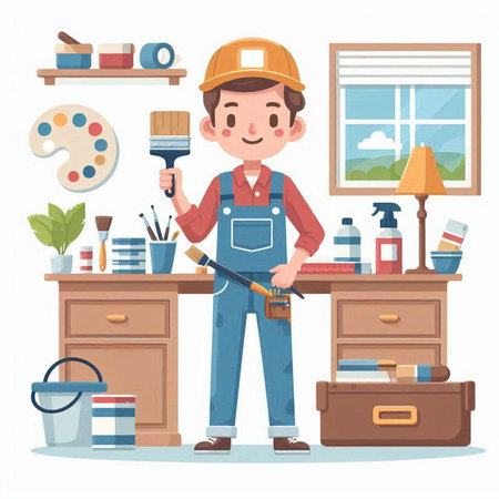 Cute cartoon man painter in uniform with paintbrush. Vector illustrationのイラスト素材