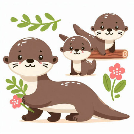 Cute cartoon otters with flowers. Vector illustration isolated on white background.のイラスト素材