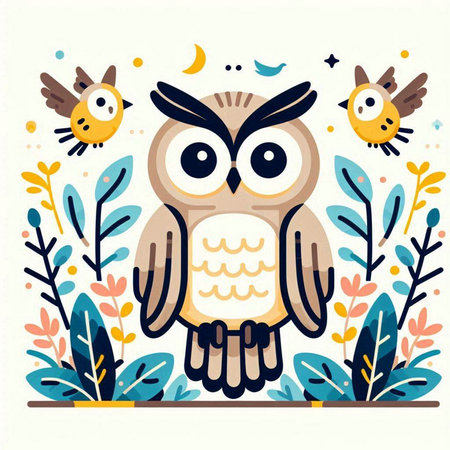 Cute owl with flowers and plants. Vector illustration in flat style.のイラスト素材