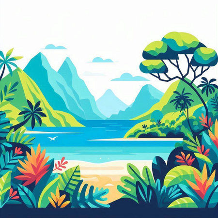 Tropical landscape with palm trees and sea. Vector illustration.のイラスト素材