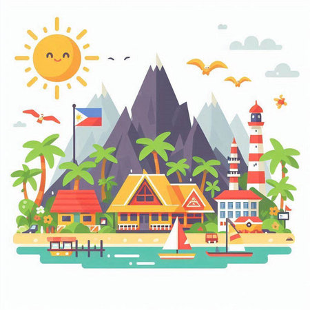 Vector illustration of a tropical island with bungalows, palm trees, lighthouse and sea.のイラスト素材