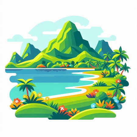 Beautiful island with palm trees and river. Vector illustration in flat styleのイラスト素材