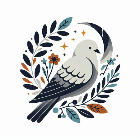 Pigeon with floral wreath and stars. Vector illustration.のイラスト素材
