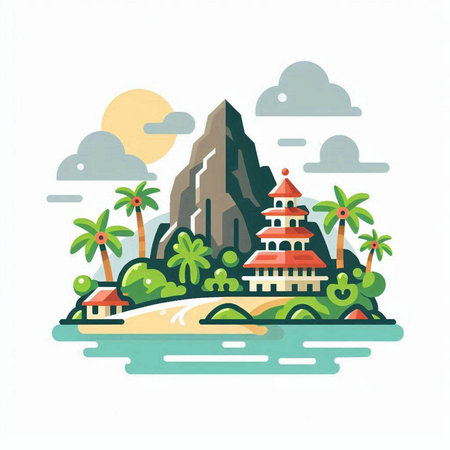 Tropical island with palm trees. Vector illustration in flat styleのイラスト素材