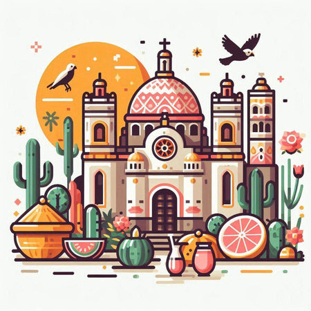 Flat design vector illustration of Santa Maria Assunta Church in Mexico.のイラスト素材