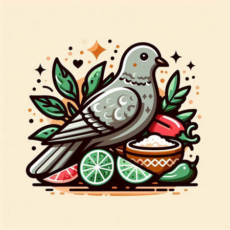 Pigeon with a bowl of rice, fruits and leaves. Vector illustration.のイラスト素材