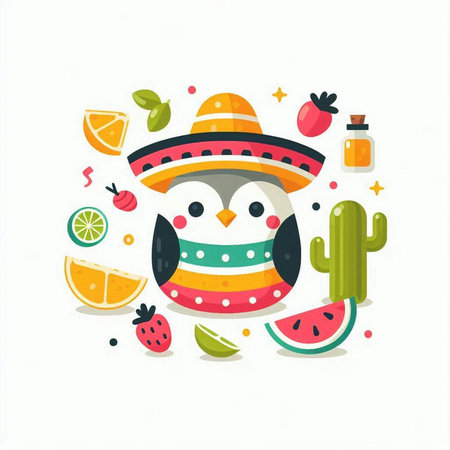 Cute penguin in a sombrero and a hat with tropical fruits. Vector illustration.のイラスト素材