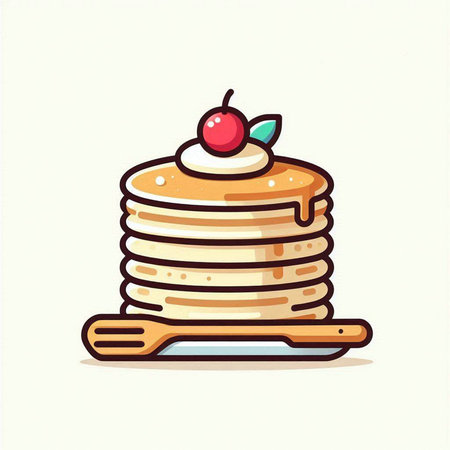 Pancakes with cherry on a plate. Vector illustration in doodle style.のイラスト素材
