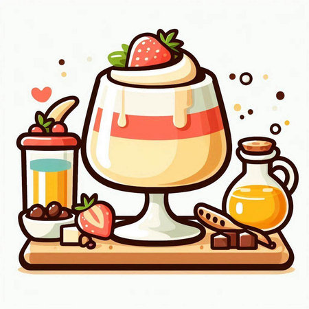 Chocolate dessert with whipped cream and strawberries. Vector illustration in cartoon style.のイラスト素材