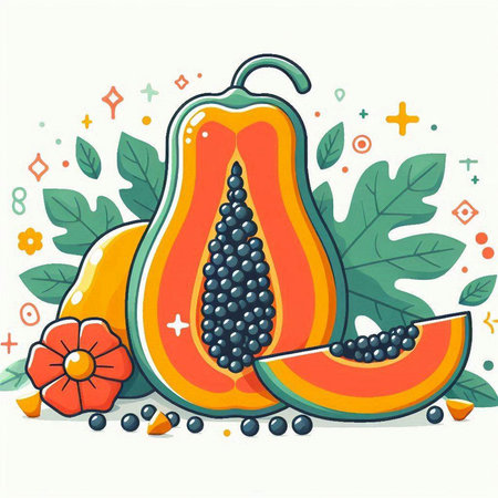 Papaya fruit and leaves on white background. Vector illustration.のイラスト素材