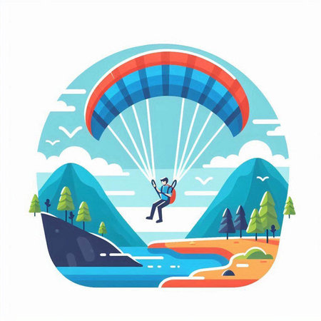 Paraglider in the mountains. Flat design vector illustration.のイラスト素材