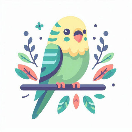 Cute green parrot sitting on a branch. Vector illustration.のイラスト素材