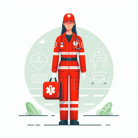 Vector illustration of a female paramedic in a red uniform with a first aid kit.のイラスト素材