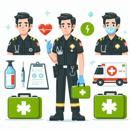 Ambulance doctor and paramedic in uniform with medical equipment.のイラスト素材