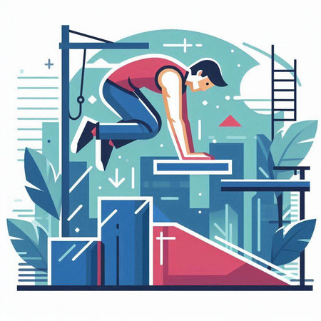 Vector illustration of a woman jumping over obstacle. Flat style design.のイラスト素材