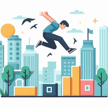 Businessman jumping over the city. Vector illustration in flat style.のイラスト素材