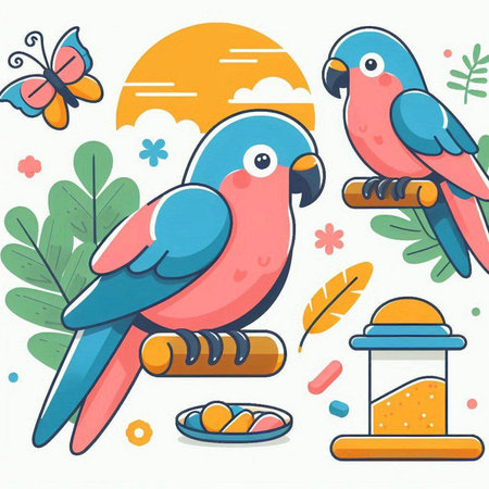 Cute parrots sitting on a branch. Vector illustration in cartoon style.のイラスト素材