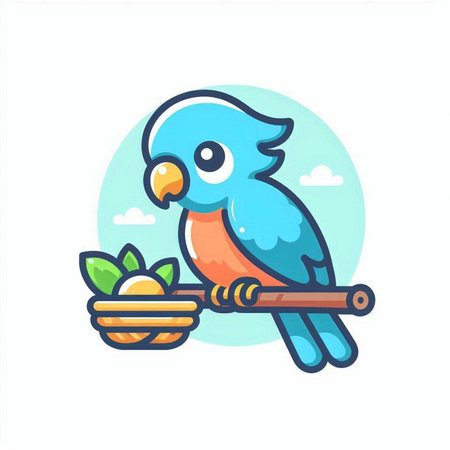 Cute parrot sitting on a branch and holding a basket with fruits. Vector illustrationのイラスト素材