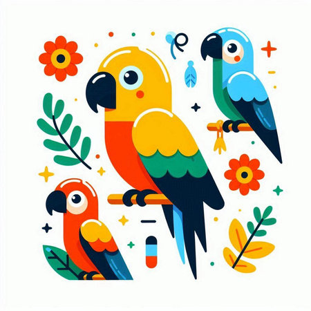 Cute parrots with flowers. Vector illustration in flat style.のイラスト素材