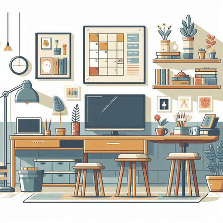 Home office interior with furniture and equipment. Vector illustration in flat styleのイラスト素材