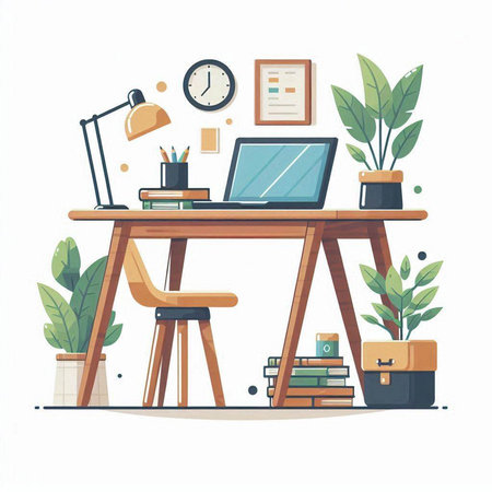 Vector illustration of a workplace in a flat style. Workspace with a laptop, books, stationery, accessories and plants.のイラスト素材