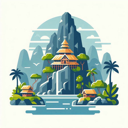 Buddhist temple in the mountains. Vector illustration in flat styleのイラスト素材