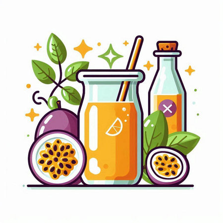 Passion fruit smoothie in a glass bottle and glass with a straw. Vector illustration.のイラスト素材