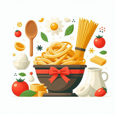 Spaghetti and pasta in a bowl with a bow. Vector illustration.のイラスト素材