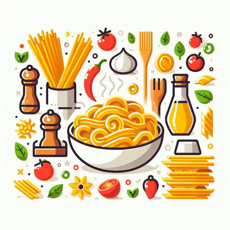 Vector illustration of Italian pasta in a bowl with ingredients for cooking.のイラスト素材