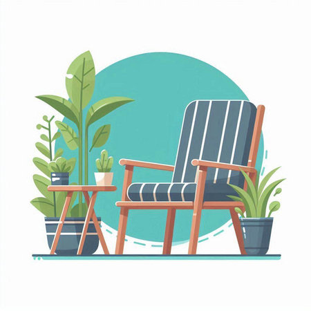 Wooden deck chair and table with plants. Flat style vector illustration.のイラスト素材