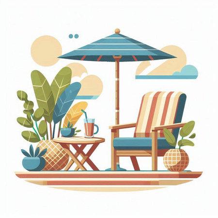 Vector illustration of a summer terrace with a deck chair and a table.のイラスト素材