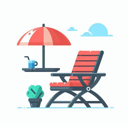 Beach chair with umbrella and table. Vector illustration in flat styleのイラスト素材