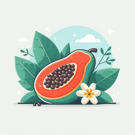 Papaya fruit with leaves and flowers. Vector illustration in flat style.のイラスト素材