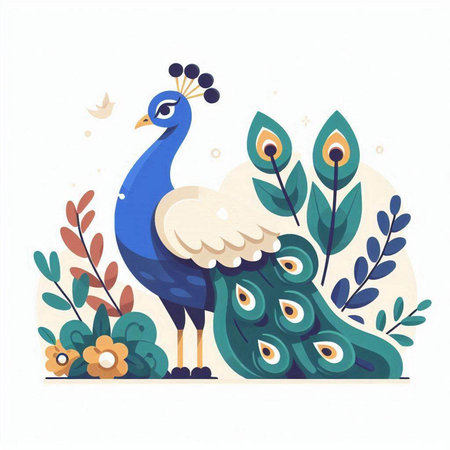 Peacock with flowers and leaves. Vector illustration in flat style.のイラスト素材