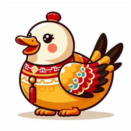 Cute cartoon chicken with a chinese costume. Vector illustration.のイラスト素材