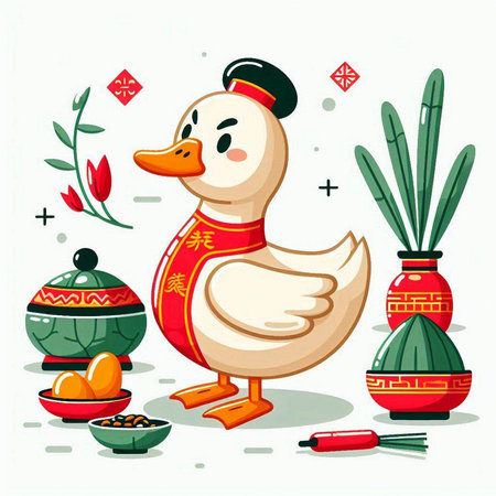 Illustration of a Chinese New Year Duck and Decorated Eggsのイラスト素材