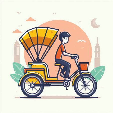 Vector illustration of a man riding a tricycle in the city.のイラスト素材