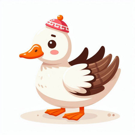 Vector illustration of a cute cartoon duck in a hat on a white backgroundのイラスト素材