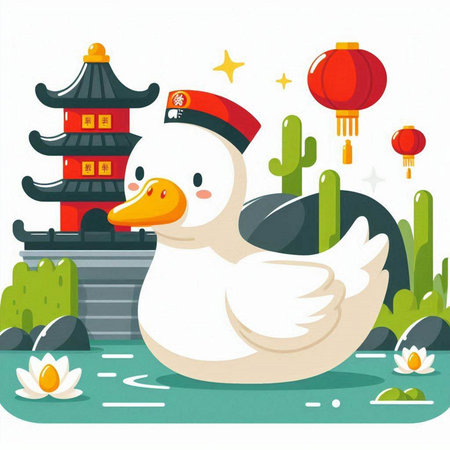 Vector illustration of a white duck in the pond with Chinese lanternsのイラスト素材