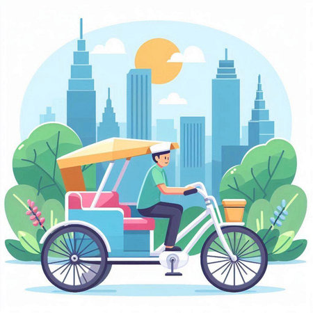 Rickshaw vector illustration. Cartoon man riding tricycle on city background.のイラスト素材