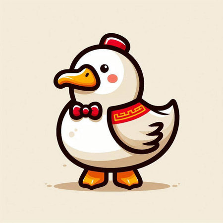 Cute cartoon vector illustration of a funny duck with a red scarf.のイラスト素材