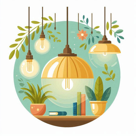 Ceiling lamp with books and plants. Vector illustration in flat styleのイラスト素材
