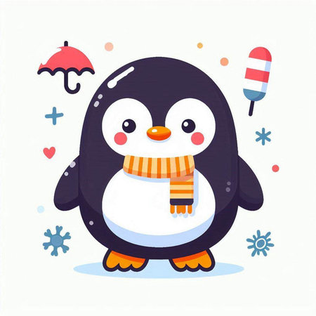 Cute penguin with scarf and snowflakes on white backgroundのイラスト素材