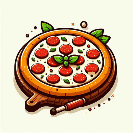 Pizza with tomato, mozzarella and basil. Vector illustration.のイラスト素材
