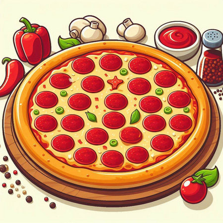 Illustration of a pizza with pepperoni and tomato sauce on a white backgroundのイラスト素材