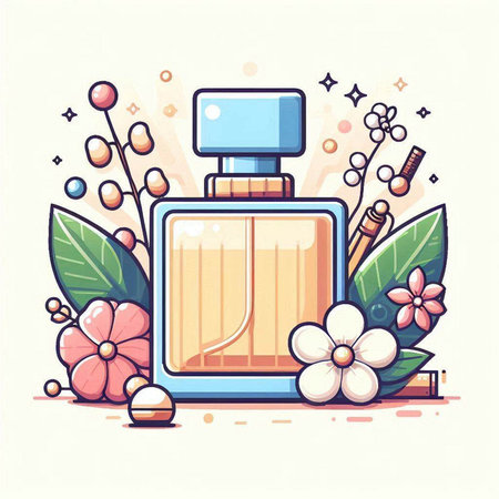 Perfume bottle with flowers and leaves. Vector illustration in cartoon style.のイラスト素材