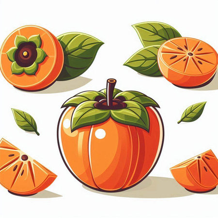 Illustration of a persimmon with green leaves and orange slicesのイラスト素材